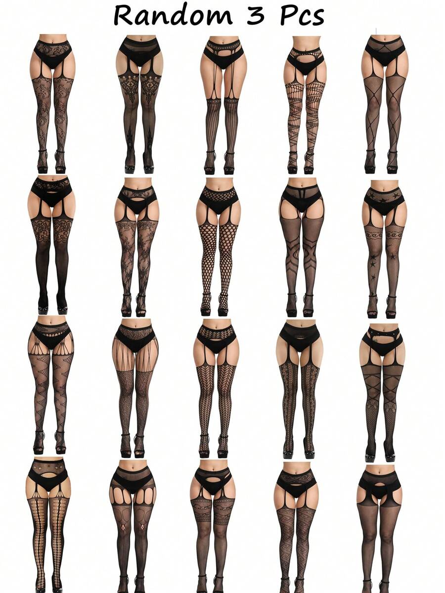 3 Piezas/set Mallas De Red De Pesca Negra Con Liguero Y Agujeros Para Mujeres Para Ropa Interior Sexy De Fiesta (excluyendo Las Bragas) - Negro - Ver 1