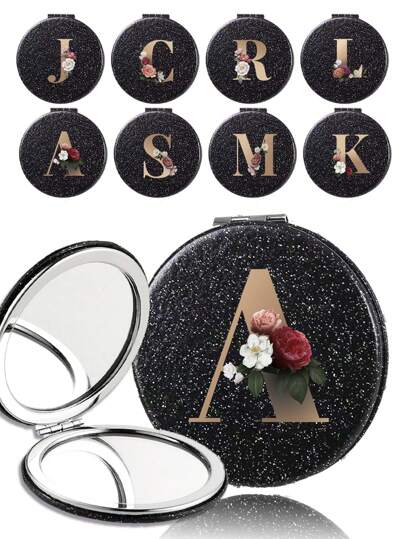 مرآة مكياج متلألئة ذات وجهين للنساء خفيفة الوزن، مرآة تجميل محمولة مطوية ذات وجهين، مزخرفة بالحروف الذهبية والنمط 26 حرفًا ابتدائيًا، مناسبة للسفر والإقامات الخارجية والرحلات العملية والمدرسية، احمليها معك