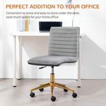 Furnistyle Velvet Upholstered Tufted Home Office Chair, Armless Desk Task Chair With Wheels, 360° Swivel Beauty Vanity Chair For Makeup Room, Ergonomic Computer Rolling Desk Chair With Back, Adjustable Accent Chair With Gold Metal Base Stool Chair, Mid-Back Office Chair For Desk With Soft Seat