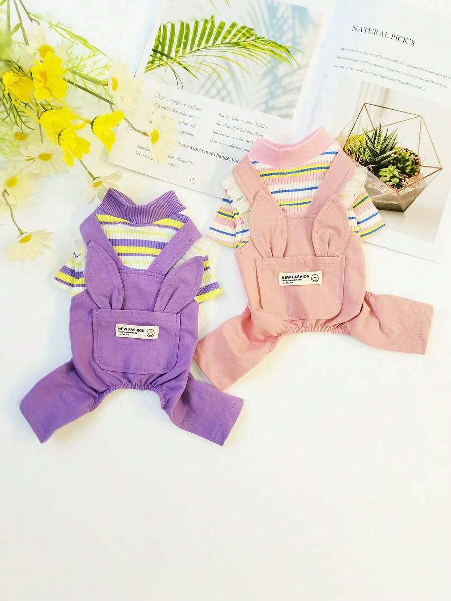 Dog Costume Set Pet Striped Rabbit Ear Suspender Pants Four Leg