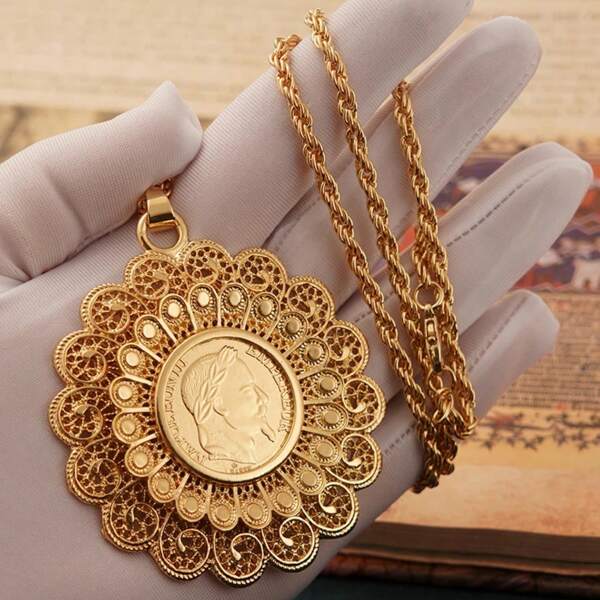 Herseygold 1pc Gold Plated Pendant Necklace, Middle Eastern Arabic Bridal Wedding Jewelry Party Birthday Gift