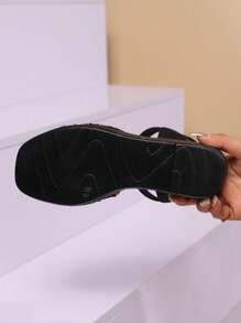 Women Black Wedge Sandals With Platform And Glitter Strap - Black - View 2