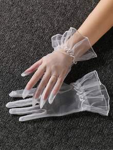 1 双婚礼新娘礼服晚礼服手套透明网眼短款蕾丝五指手套，带有优雅的褶边细节，可用作婚礼仪式和摄影道具的短手套 - 彩色 - 查看 12