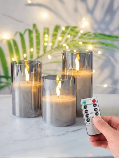 3pcs LED Flameless Candle Lights, Realistic Flickering Candles, 3D Flame Candles, Decorative Unscented Pillar Candles, 3-Piece Battery Operated (Grey), Suitable For Party, Halloween, Christmas, Wedding, Tabletop, Holiday Atmosphere Lighting