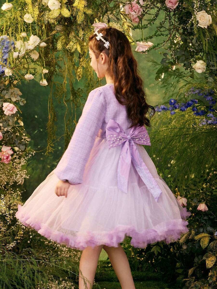 Dimu Girls' Dress 2024 Spring New Style Sweet Little Fragrance Wind Bow