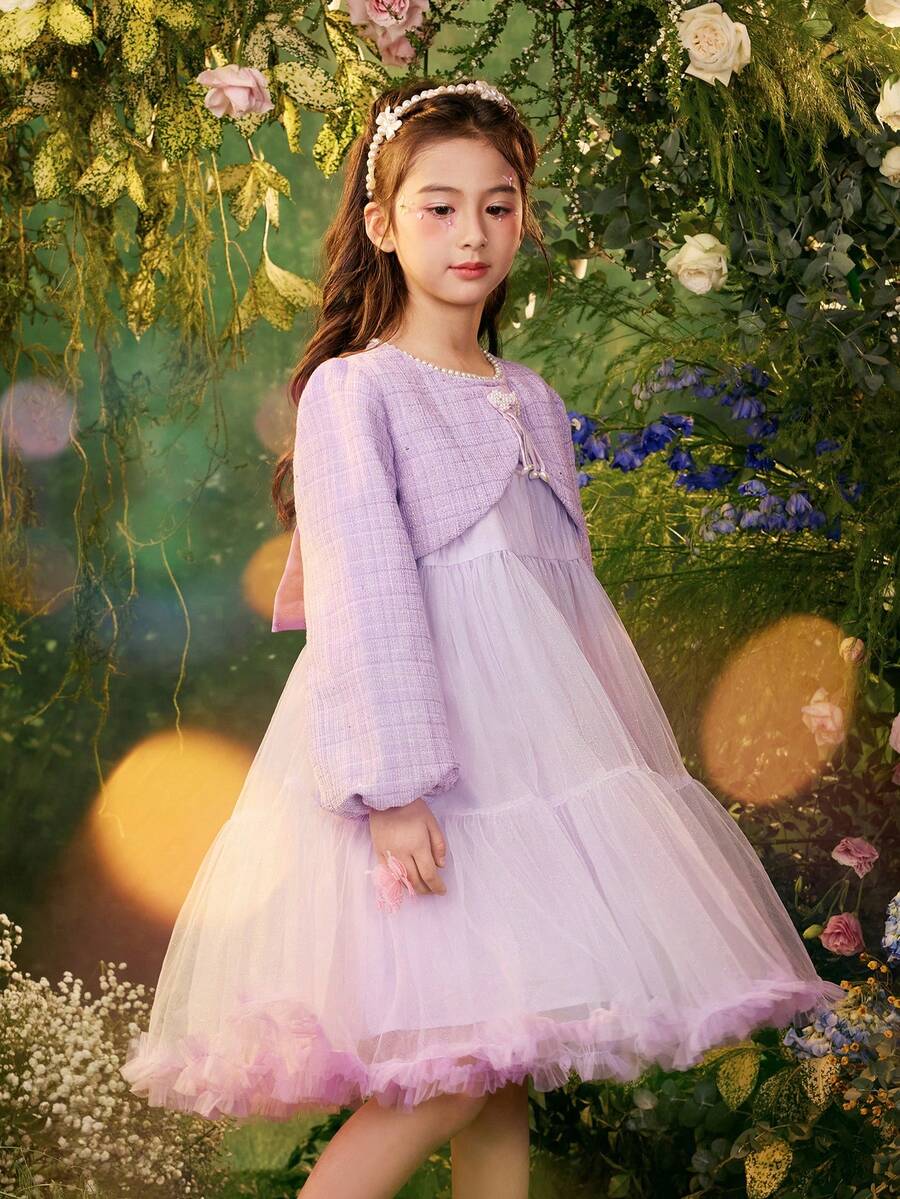 Dimu Girls' Dress 2024 Spring New Style Sweet Little Fragrance Wind Bow