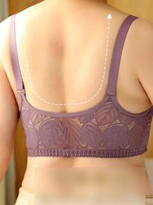 1 件女士无钢圈前拉链软杯文胸，带蕾丝衬垫聚拢支撑，内衣 - 紫色 - 查看 2
