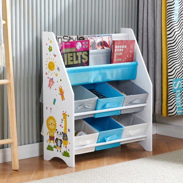 Kids Room Toys Organizer Unit, Toy Storage Unit With Storage Bins, Also As Children Bookcase (6 Bins + 1 Shelf)