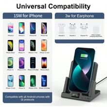 無線充電時鐘鬧鐘手機座15W快速充電，適用於蘋果- iPhone 15 14 Pro Max 13 12 11 X Xs 8 Airpods 3 2 Pro。 - 黑色 - 查看 6