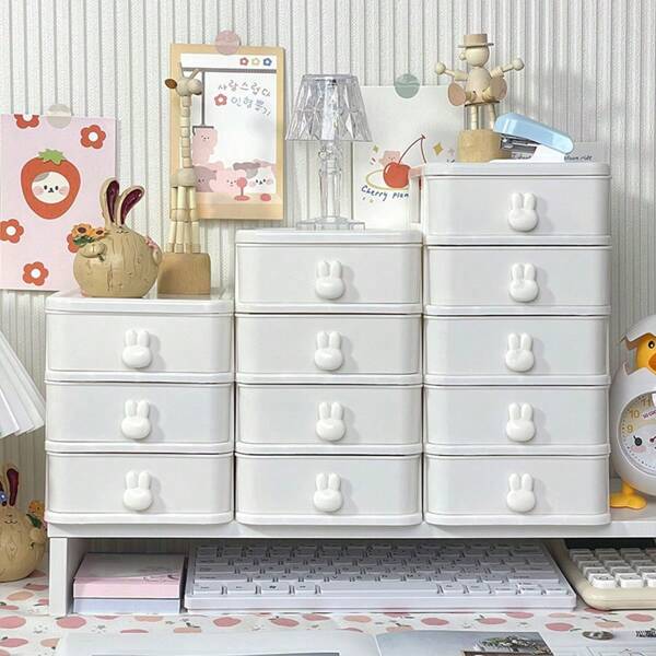1 pièce Mignon boîte de rangement à 5 tiroirs, organisateur de bureau, boîte de rangement de cosmétiques, armoire de rangement de cosmétiques, vient avec de jolis autocollants