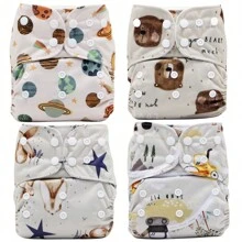 4pcs Bohemian Style Cartoon Printed Waterproof Reusable Baby Cloth Diapers, Suitable For Baby Shower, Home Decor And Gifts - Multicolor - View 1