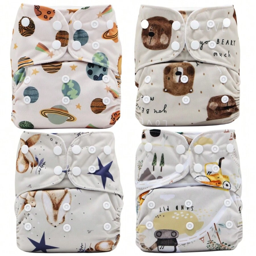 4pcs Bohemian Style Cartoon Printed Waterproof Reusable Baby Cloth Diapers, Suitable For Baby Shower, Home Decor And Gifts - Multicolor - View 1