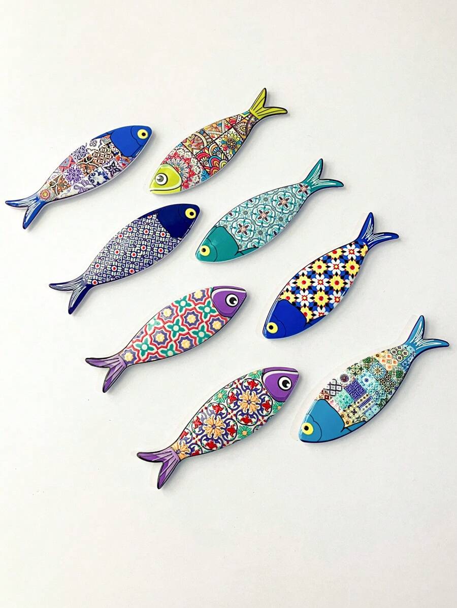 1pc Bohemian Style Multicolored Melamine Fish Shaped Embossed Refrigerator Magnet For Home Decoration And Festival
