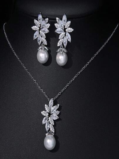 2 Pieces Luxury Man Made Pearl Bridal Jewelry Sets For Women Fashion Cubic Zirconia Earrings Necklace Wedding Accessories