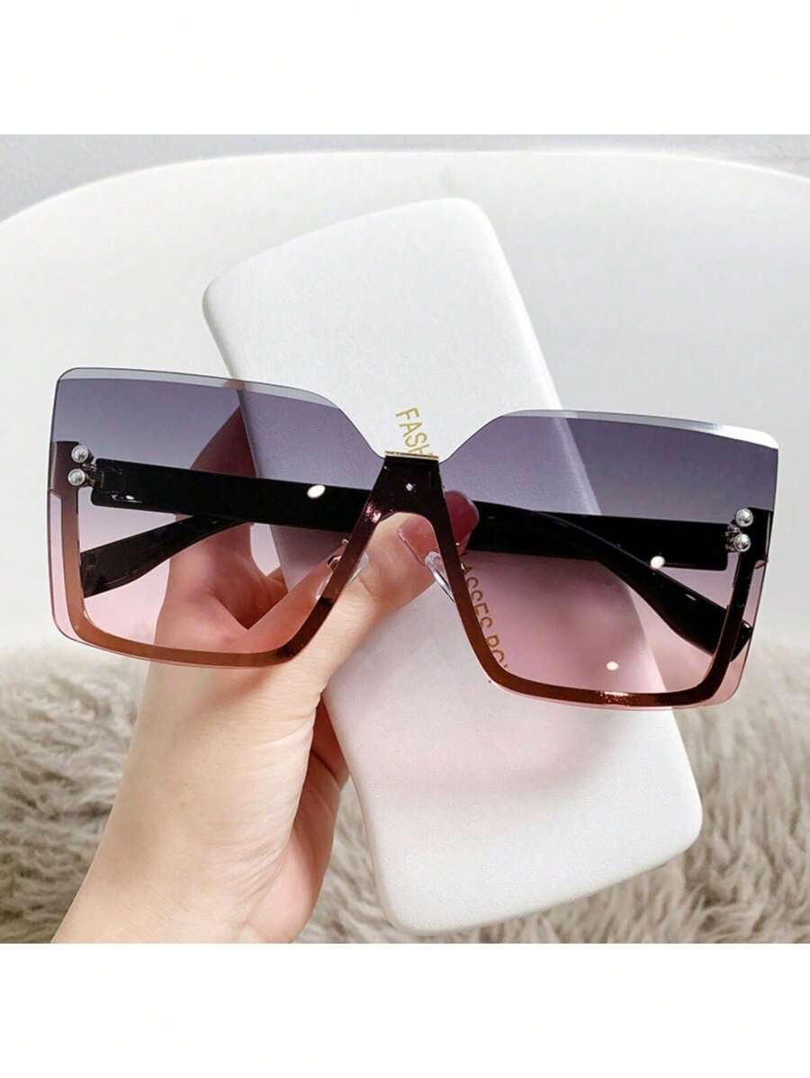 1 Pair Women's Fashion Decorative Glasses With Metal Rhinestone Trim, New European And American Style Metal Half-Frame Fashionable Glasses, Fashionable Rimless Flattering Glasses For Women, Suitable For Street Photography, Summer Beach Vacation, Outdoor Activities And Travel. - Dust On Top and Powder On Bottom - View 1