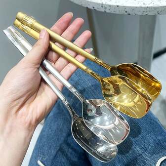 Luxury Stainless Steel Lantern Soup Spoon With Square End, Thickened Dinner Spoon, Long-Handled And Exquisite Dessert Spoon (Korean Style),Kitchen,Christmas Gift