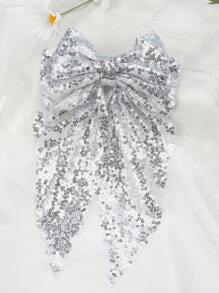 1pc Mesh Sequin Bow Hair Clip, Solid Color Large Floating Claw Clip Decor For Girls - Silver - View 1