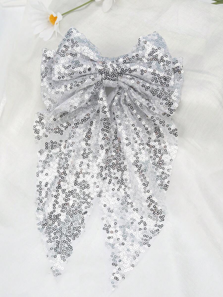 1pc Mesh Sequin Bow Hair Clip, Solid Color Large Floating Claw Clip Decor For Girls - Silver - View 1