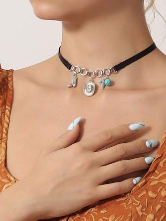 1個西部牛仔風格創意靴子＆帽子＆仙人掌＆綠松石造型繩項鍊,適用於派對、休閒、旅遊、日常穿著和造型