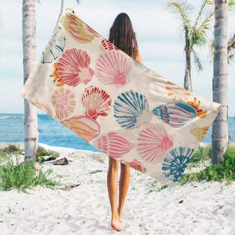 1pc Seashell Patterned Printed Beach Towel, Microfiber Beach Towel, Sports Towel, Great For Summer, Beach, Pool Holiday Bathroom DecorTravel Essentials Travel Accessories Beach Essentials