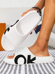 OK Men's Single Band Slides,Fashionable White EVA Slippers,Open Toe Shoes With Letter Graphic For Indoor Outdoor Beach House - White - View 2