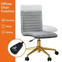 Furnistyle Velvet Upholstered Tufted Home Office Chair, Armless Desk Task Chair With Wheels, 360° Swivel Beauty Vanity Chair For Makeup Room, Ergonomic Computer Rolling Desk Chair With Back, Adjustable Accent Chair With Gold Metal Base Stool Chair, Mid-Back Office Chair For Desk With Soft Seat