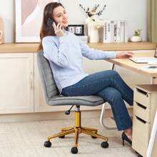 Furnistyle Velvet Upholstered Tufted Home Office Chair, Armless Desk Task Chair With Wheels, 360° Swivel Beauty Vanity Chair For Makeup Room, Ergonomic Computer Rolling Desk Chair With Back, Adjustable Accent Chair With Gold Metal Base Stool Chair, Mid-Back Office Chair For Desk With Soft Seat