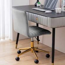 Furnistyle Velvet Upholstered Tufted Home Office Chair, Armless Desk Task Chair With Wheels, 360° Swivel Beauty Vanity Chair For Makeup Room, Ergonomic Computer Rolling Desk Chair With Back, Adjustable Accent Chair With Gold Metal Base Stool Chair, Mid-Back Office Chair For Desk With Soft Seat