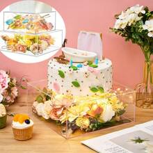1pc Clear Acrylic Cake Stand, Square Shape Fillable Cake Display Stand With Lid, Floating Birthday Wedding Party Cake Decoration Centerpiece - Clear - View 4