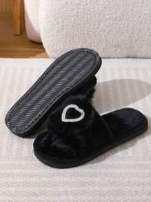 Women's Winter Fluffy Slippers For Indoor Wooden Floors, Postpartum Plush Cross Band Slides - Black - View 5