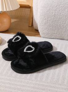 Women's Winter Fluffy Slippers For Indoor Wooden Floors, Postpartum Plush Cross Band Slides - Black - View 4