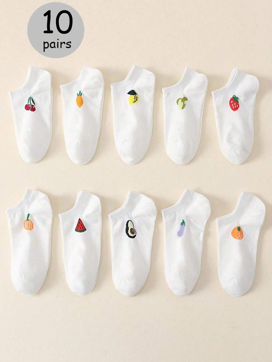 10 Pairs/Set Women's Breathable Fruit & Vegetable Printed Low Cut Socks, No Show Socks With White Background - Multicolor - View 1