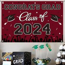 1入組2024畢業主題攝影背景布,畢業典禮攝影道具,畢業派對裝飾背景布,聚酯纖維材質,100x150cm - 酒紅色 - 查看 7