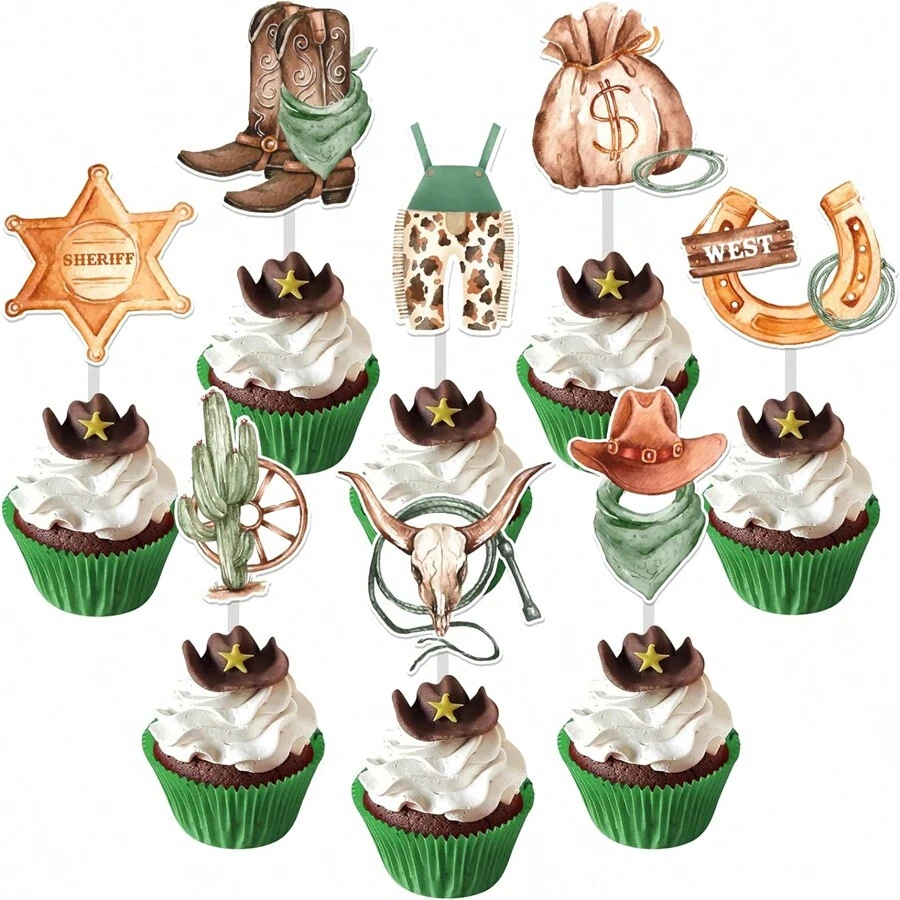 24 piezas de decoraciones para cupcakes con temática de vaquero, toppers de cupcakes con tema de vaquero y vaquera del oeste, palitos con sombrero y bota rústicos para decoración de cupcakes, suministros para fiestas de cumpleaños - Multicolor - Ver 1