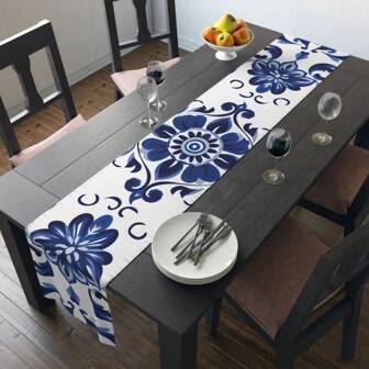 1pc Polyester Printed Table Runner/Tablecloth With Abstract Floral Pattern For Home Kitchen, Outdoor Garden, Holiday Party Decoration, Dining Room Decor, Room/Party Decoration Equipment