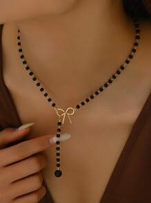 1pc Elegant Butterfly & Faux Pearl Tassel Pendant Necklace, Great For Party And Gifting - Black - View 4