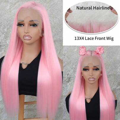 Pink Color Lace Front Wigs Synthetic 13x4 Long Silky Straight Hair Heat Resistant Fiber Glueless Frontal Lace Replacement Wig Pre Plucked With Baby Hair Natural Hairline 26 Inches HD Transparent Lace Free Part For Fashion Women Girls Party Vacation Makeup Use Daily Wear