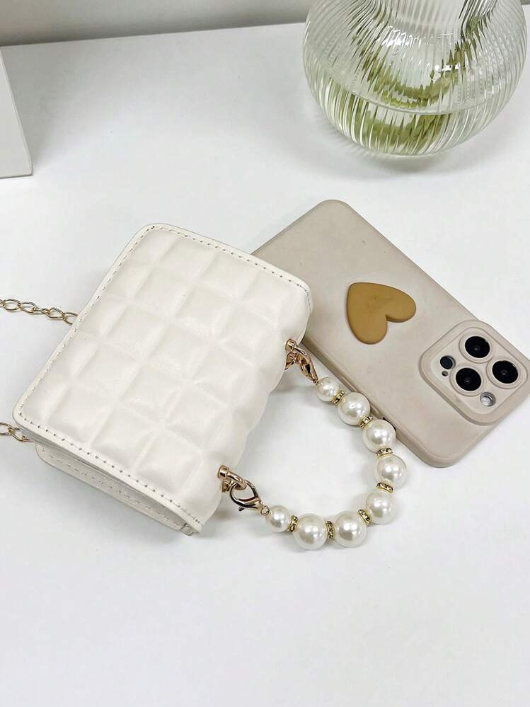 1pc Mini Girl's Gingham PU Flap Bag, Versatile Pearl Handbag For Daily Use - White - View 2