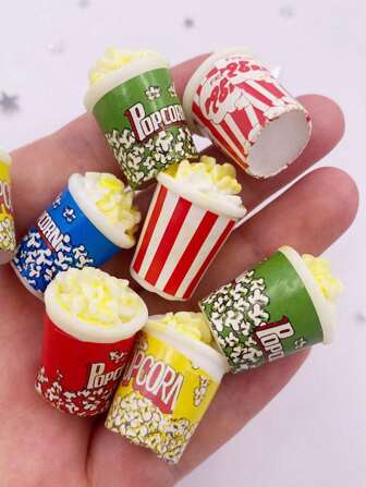 6个随机混合树脂彩色手绘3D爆米花平底凸面宝石仿制小摆件，适用于剪贴簿DIY家居装饰配件工艺品，夏季、学校主题