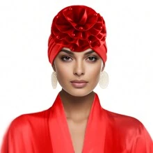 Fashion Big Flower Bead Turban Cap Solid Color Pleated Head Wrap For Women Girl Bonnet Hair Bonnet Turban