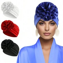Fashion Big Flower Bead Turban Cap Solid Color Pleated Head Wrap For Women Girl Bonnet Hair Bonnet Turban