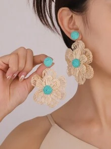 1pair Vacation Style Elegant & Sweet Raffia Flower Dangle Earrings For Women, Ideal For Festival, Birthday, Date, Party, Wedding, Beach And Daily Errands Valentines,Mom,Mother,Mother's Day,Gift - Colorful - View 9