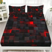 1入高科技紅黑方格床單，適用於家居，配實色高清數字印花床上用品 - 科技方格-黑紅 - 查看 8