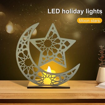 1 pieza Lámpara de mesa LED con forma de luna y pentágrama de madera, decoración del hogar creativa, regalo DIY, artículo de fiesta para la celebración de Eid en Oriente Medio y el Ramadán