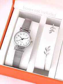 2pcs/Set Including One Simple Ladies' Mesh Strap Quartz Watch And One Leaf Bracelet, Suitable For Daily Wear And Festival Gift For Girls - Silver - View 6