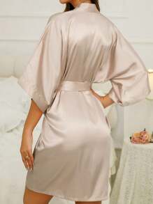 1件模擬絲睡衣長款睡裙女性性感吊帶睡衣浴袍家居服 - 杏色 - 查看 5