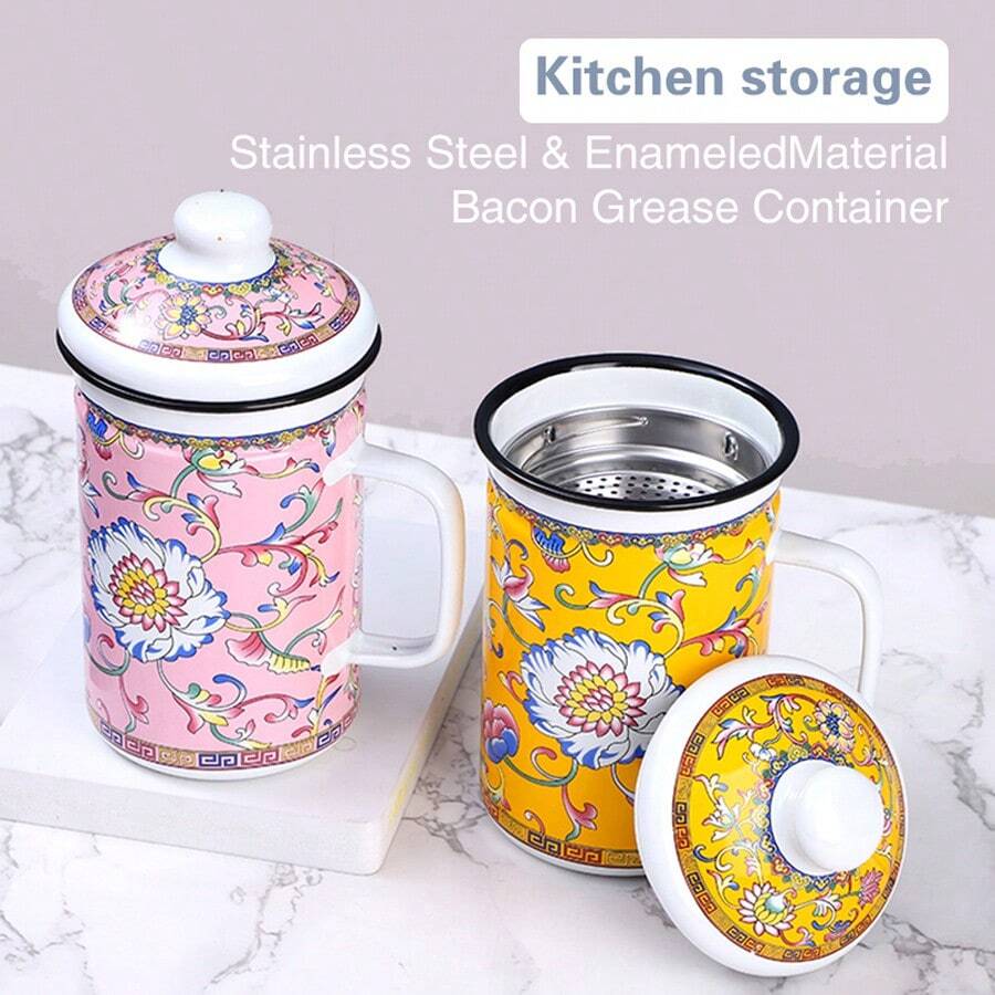 1pc 650ml Enamel Coated Bacon Oil Pot With Handle, Including Bacon Fat