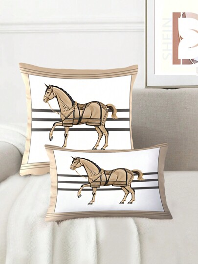 1 Pezzo Di Copertura Cuscino Con Motivo Cavallo Dorato Con Quadretti Bianchi E Cornice Dorata, Adatto Per Divano, Auto, Camera Da Letto E Decorazione Domestica. La Copertura Del Cuscino È Disponibile In Varie Dimensioni E Presenta Stampe Digitali, Uno Stile E Minimalista. Si Tratta Di Un Elemento Decorativo Per La Casa, Perfetto Anche Per L'auto E L'ufficio.
