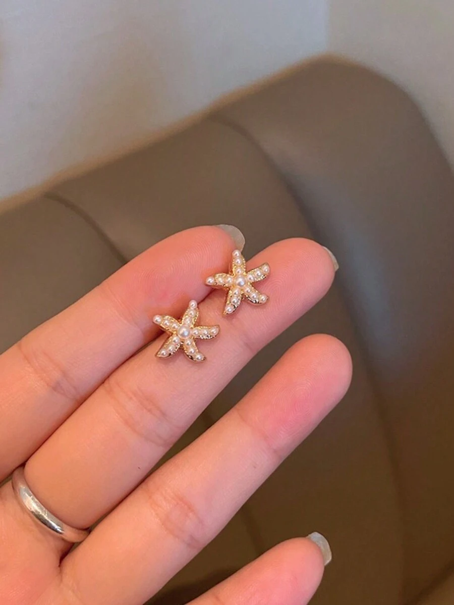 1pair Simple & Versatile Starfish Stud Earrings, Perfect For Women To Wear At Beach, Party Or During Travel - Starfish - View 1