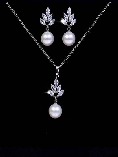 2 Pieces Luxury Man Made Pearl Bridal Jewelry Sets For Women Fashion Cubic Zirconia Earrings Necklace Wedding Accessories